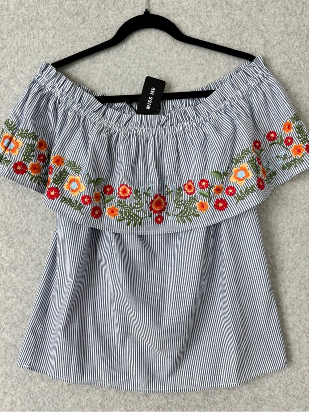 Miss Me Floral Embroidered Off Shoulder Top Womens Size Large Blue Striped NWT